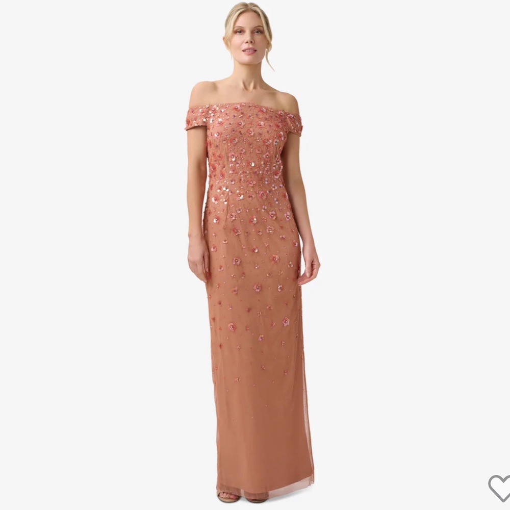 OFF SHOULDER DRESS WITH FLORAL EMBELLISHMENT IN TOFFEE— Adrianna Papell